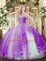 Discount Sleeveless Floor Length Beading and Ruffles Lace Up Quinceanera Dresses with Lavender