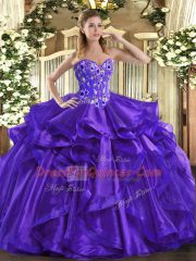 Sleeveless Lace Up Floor Length Embroidery and Ruffles Ball Gown Prom Dress