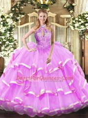Halter Top Sleeveless 15 Quinceanera Dress Floor Length Beading Lilac Organza