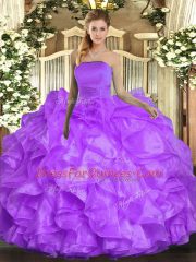 Glittering Sleeveless Organza Floor Length Lace Up Sweet 16 Quinceanera Dress in Lavender with Ruffles