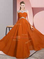 Rust Red Chiffon Clasp Handle Scoop Sleeveless Floor Length Prom Party Dress Beading