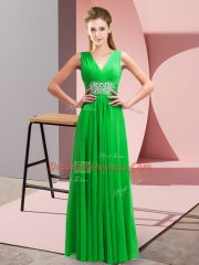 Chiffon V-neck Sleeveless Side Zipper Beading and Ruching Evening Dress in Green