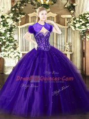Inexpensive Purple Sleeveless Beading Floor Length 15th Birthday Dress