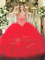 Captivating Red Sleeveless Organza Lace Up Quinceanera Dress for Military Ball and Sweet 16 and Quinceanera