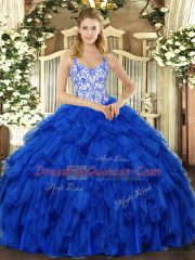 Royal Blue Ball Gowns Organza Straps Sleeveless Beading and Ruffles Floor Length Lace Up Ball Gown Prom Dress