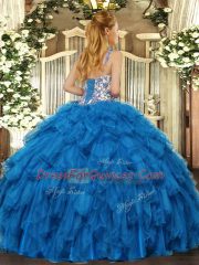 Royal Blue Ball Gowns Organza Straps Sleeveless Beading and Ruffles Floor Length Lace Up Ball Gown Prom Dress