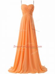 Excellent Orange Prom Dress Chiffon Sweep Train Sleeveless Ruching