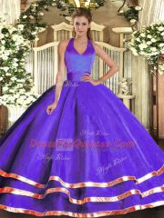 Floor Length Purple Quinceanera Gown Halter Top Sleeveless Lace Up