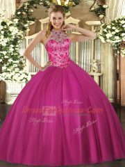 Adorable Sleeveless Floor Length Beading Lace Up Quinceanera Dresses with Hot Pink