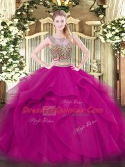 Artistic Scoop Sleeveless Sweet 16 Quinceanera Dress Floor Length Beading and Ruffles Fuchsia Tulle