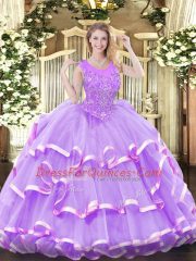 Trendy Ball Gowns Quinceanera Dress Lavender Scoop Organza Sleeveless Floor Length Zipper