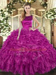 Free and Easy Fuchsia Scoop Lace Up Ruffles Quinceanera Dress Sleeveless