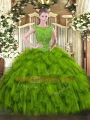Stunning Olive Green Ball Gowns Scoop Sleeveless Organza Floor Length Zipper Beading and Ruffles Sweet 16 Dresses