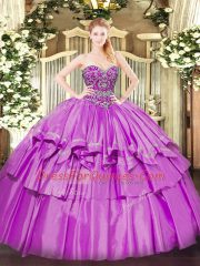 Sleeveless Floor Length Beading and Ruffled Layers Lace Up 15 Quinceanera Dress with Lilac