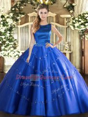 Exquisite Blue Scoop Neckline Appliques Quinceanera Gown Sleeveless Lace Up