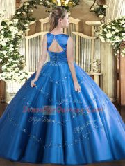 Exquisite Blue Scoop Neckline Appliques Quinceanera Gown Sleeveless Lace Up