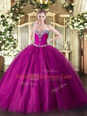 Fuchsia Ball Gowns Sweetheart Sleeveless Tulle Floor Length Lace Up Beading 15 Quinceanera Dress