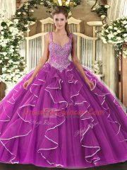 High End Fuchsia Sleeveless Floor Length Beading Lace Up Sweet 16 Dress