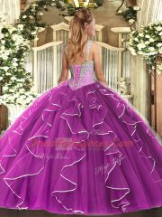 High End Fuchsia Sleeveless Floor Length Beading Lace Up Sweet 16 Dress