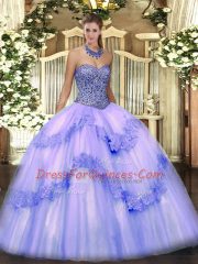 Unique Sleeveless Tulle Floor Length Lace Up Quinceanera Dress in Lavender with Beading and Appliques and Ruffles
