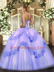 Unique Sleeveless Tulle Floor Length Lace Up Quinceanera Dress in Lavender with Beading and Appliques and Ruffles
