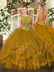 High Class Sleeveless Floor Length Beading Zipper Quinceanera Dresses with Brown