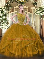 High Class Sleeveless Floor Length Beading Zipper Quinceanera Dresses with Brown