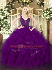 Fabulous Purple Ball Gowns Organza Straps Sleeveless Beading and Ruffles Floor Length Zipper Vestidos de Quinceanera