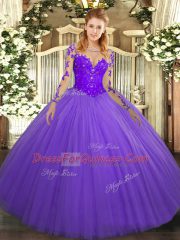 Stunning Lavender 15 Quinceanera Dress Military Ball and Sweet 16 and Quinceanera with Lace Scoop Long Sleeves Lace Up