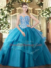 Floor Length Teal Ball Gown Prom Dress Tulle Sleeveless Beading and Ruffled Layers