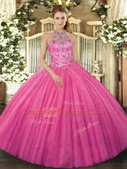 Charming Halter Top Sleeveless Tulle Quinceanera Gowns Beading and Embroidery Lace Up