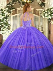 Charming Halter Top Sleeveless Tulle Quinceanera Gowns Beading and Embroidery Lace Up