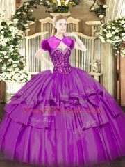 Hot Selling Fuchsia Sweetheart Lace Up Beading and Ruffled Layers 15th Birthday Dress Sleeveless
