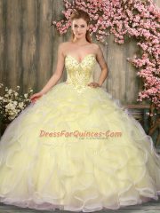 Floor Length Light Yellow Quince Ball Gowns Sweetheart Sleeveless Lace Up