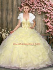 Floor Length Light Yellow Quince Ball Gowns Sweetheart Sleeveless Lace Up