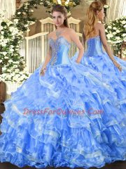Customized Sleeveless Organza Floor Length Lace Up Quinceanera Dresses in Baby Blue with Beading and Ruffled Layers