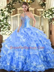 Customized Sleeveless Organza Floor Length Lace Up Quinceanera Dresses in Baby Blue with Beading and Ruffled Layers