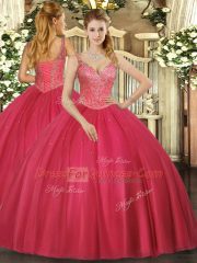 Beading 15 Quinceanera Dress Red Lace Up Sleeveless Floor Length