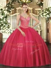 Beading 15 Quinceanera Dress Red Lace Up Sleeveless Floor Length