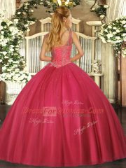 Beading 15 Quinceanera Dress Red Lace Up Sleeveless Floor Length