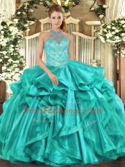 Sleeveless Organza Floor Length Lace Up Quinceanera Gown in Turquoise with Beading and Embroidery and Ruffles