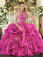 Designer Fuchsia Quinceanera Gowns Sweet 16 and Quinceanera with Beading and Embroidery and Ruffles Halter Top Sleeveless Lace Up