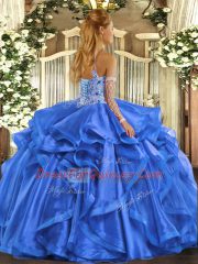 Designer Fuchsia Quinceanera Gowns Sweet 16 and Quinceanera with Beading and Embroidery and Ruffles Halter Top Sleeveless Lace Up