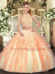 Tulle Halter Top Sleeveless Criss Cross Beading and Ruffled Layers Quinceanera Gowns in Gold