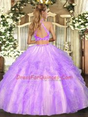 Tulle Halter Top Sleeveless Criss Cross Beading and Ruffled Layers Quinceanera Gowns in Gold