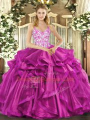 Best Selling Floor Length Fuchsia Vestidos de Quinceanera Organza Sleeveless Beading and Appliques and Ruffles