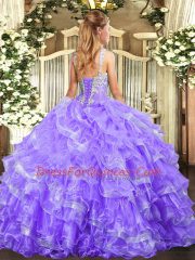 Affordable Lilac Lace Up 15 Quinceanera Dress Beading and Ruffled Layers Sleeveless Floor Length