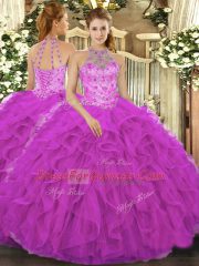 Fuchsia Lace Up Halter Top Beading and Embroidery and Ruffles Sweet 16 Dresses Organza Sleeveless
