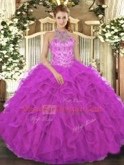 Fuchsia Lace Up Halter Top Beading and Embroidery and Ruffles Sweet 16 Dresses Organza Sleeveless