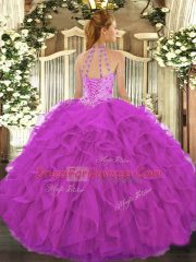 Fuchsia Lace Up Halter Top Beading and Embroidery and Ruffles Sweet 16 Dresses Organza Sleeveless